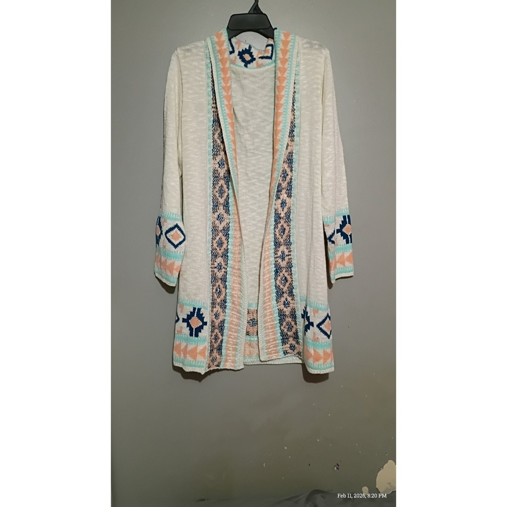 Women's‎ Knit Cardigan Open Front Southwest Design Cream Blue Peach Size L